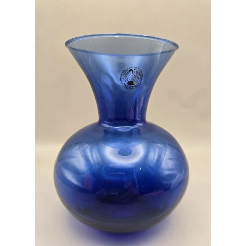 Vintage Handblown Made in Mexico Cobalt Blue Bulbous Onion Shape Flared Top B#37